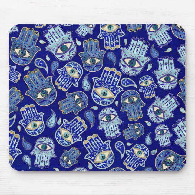 Mousepad Mão de Hamsa - Mão de Fátima Padrão Minerais Azuis (Frente)