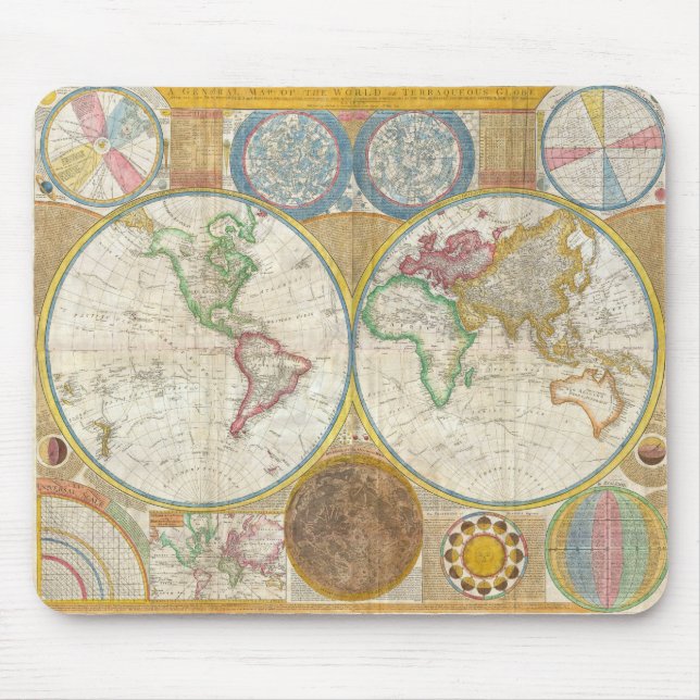 Mousepad Mapa 1794 de Samuel Dunn do mundo nos hemisférios (Frente)