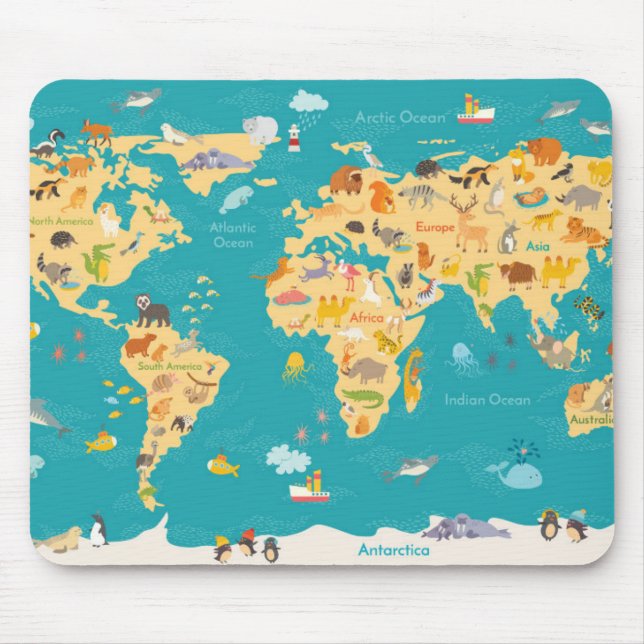 Mousepad Mapa animal do mundo para miúdos (Frente)