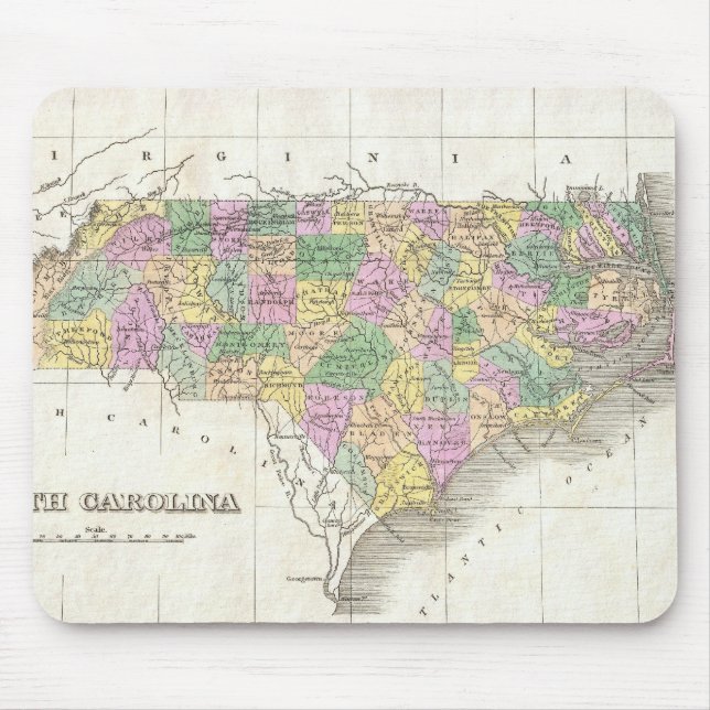 Mousepad Mapa Antigo da Carolina do Norte (1827) (Frente)