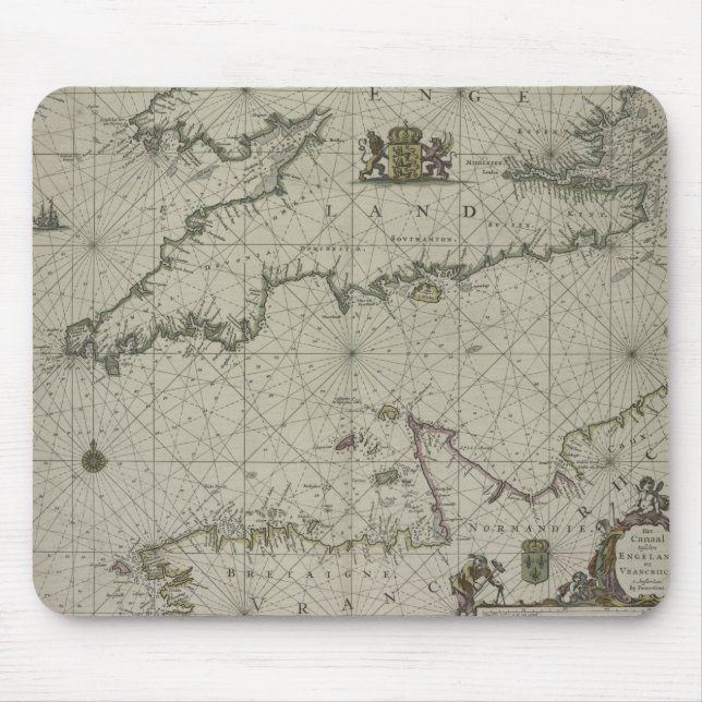 Mousepad Mapa antigo do canal, 1666 (gravura da cor) (Frente)