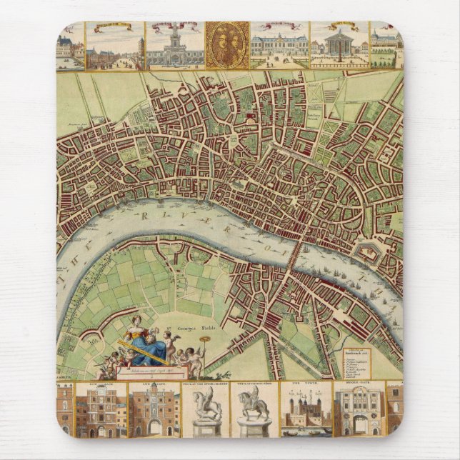 Mousepad Mapa antigo do século XVII de Londres W. Hollar (Frente)