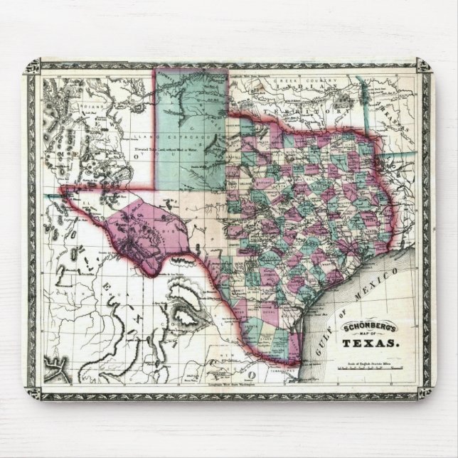 Mousepad Mapa Antiquário do Texas, de 1866, por Schönberg & (Frente)