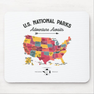 Mousepad Mapa de 63 Parques Nacionais dos EUA Parque Retro