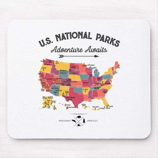 Mousepad Mapa de 63 Parques Nacionais dos EUA Parque Retro  (Frente)
