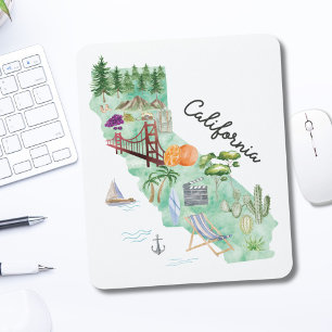 Mousepad Mapa de Arte do Estado da Califórnia em Aquarela