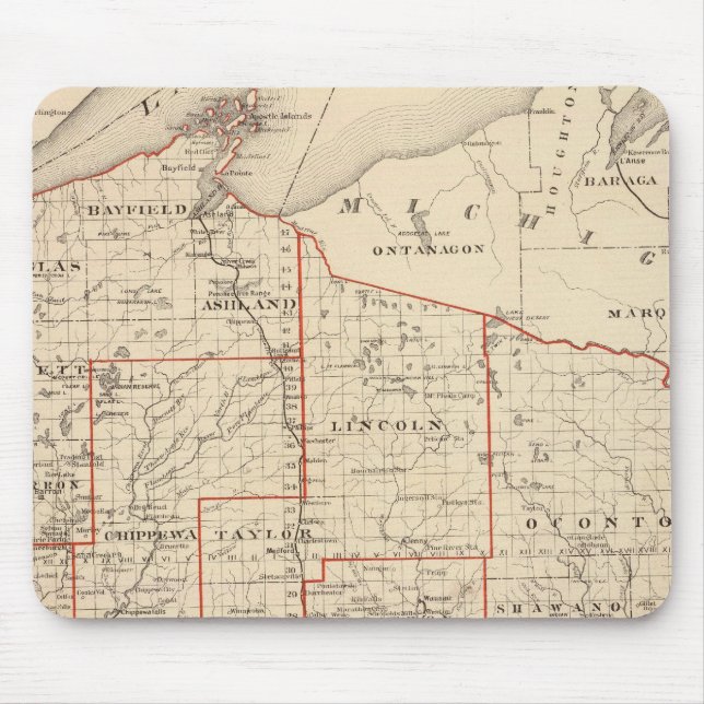 Mousepad Mapa de Wisconsin, mostrando distritos de montagem (Frente)