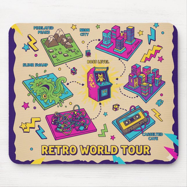 Mousepad Mapa do Arcade Retro World Tour - Arte de Jogos Pi (Frente)