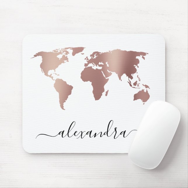 Mousepad Mapa do mundo branco de ouro rosa, moderno e elega (Com mouse)