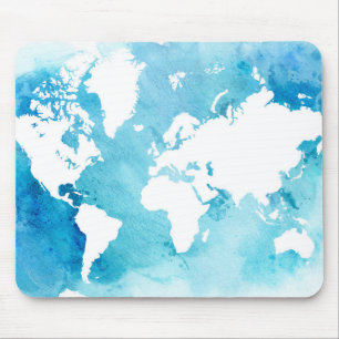 Mousepad Mapa do mundo em azuis da aguarela