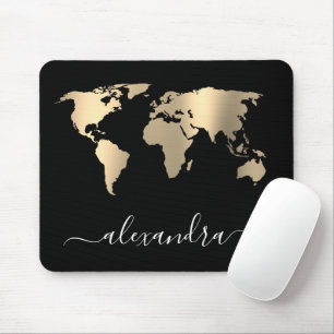 Mousepad Mapa do mundo negro de ouro mínimo e elegante