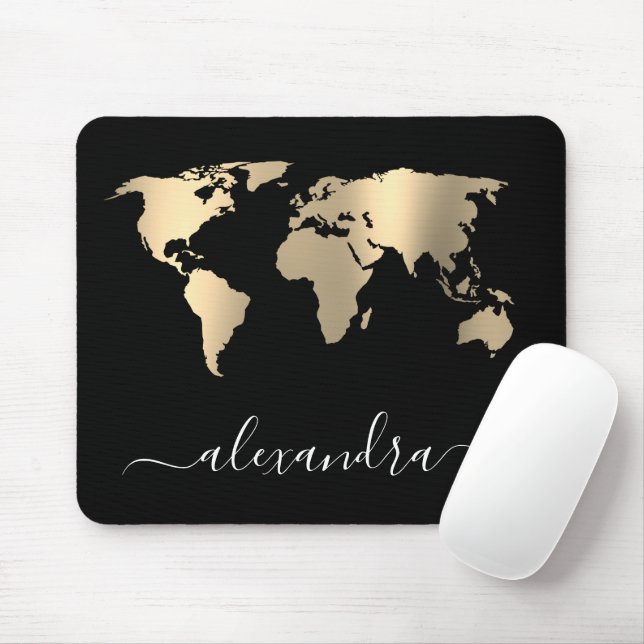 Mousepad Mapa do mundo negro de ouro mínimo e elegante (Com mouse)