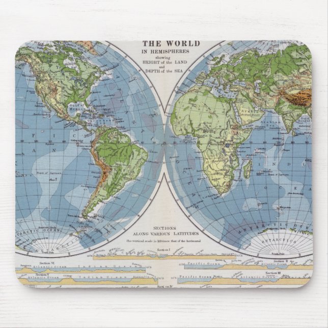 Mousepad Mapa do mundo que mostra alturas da profundidade (Frente)