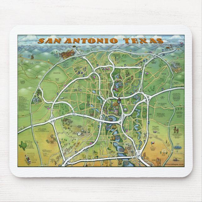 Mousepad Mapa dos desenhos animados de San Antonio Texas (Frente)