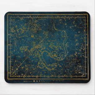 Mousepad Mapa Estelar Vintage Ilustrado Azul Escuro e Doura