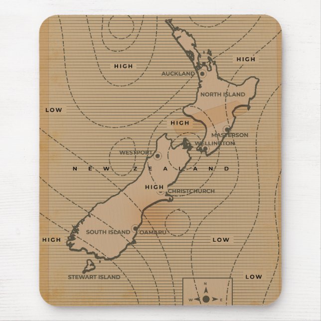 Mousepad Mapa meteorológico antigo da Nova Zelândia (Frente)
