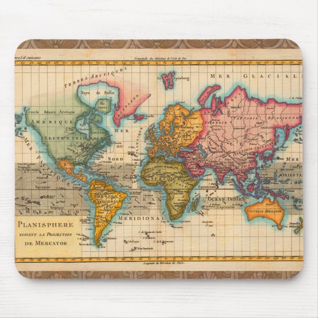 Mousepad Mapa Mundial 1780 Bonne Antique Planisferio  (Frente)