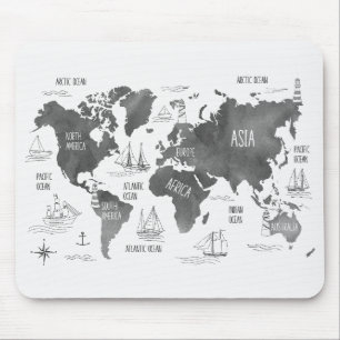 Mousepad Mapa Mundial Arte Preto Branco Náutico