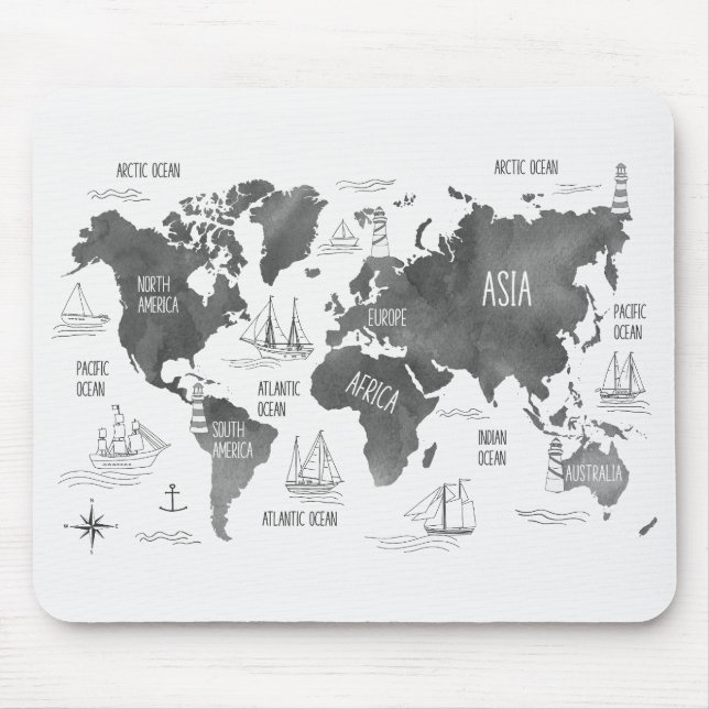 Mousepad Mapa Mundial Arte Preto Branco Náutico (Frente)