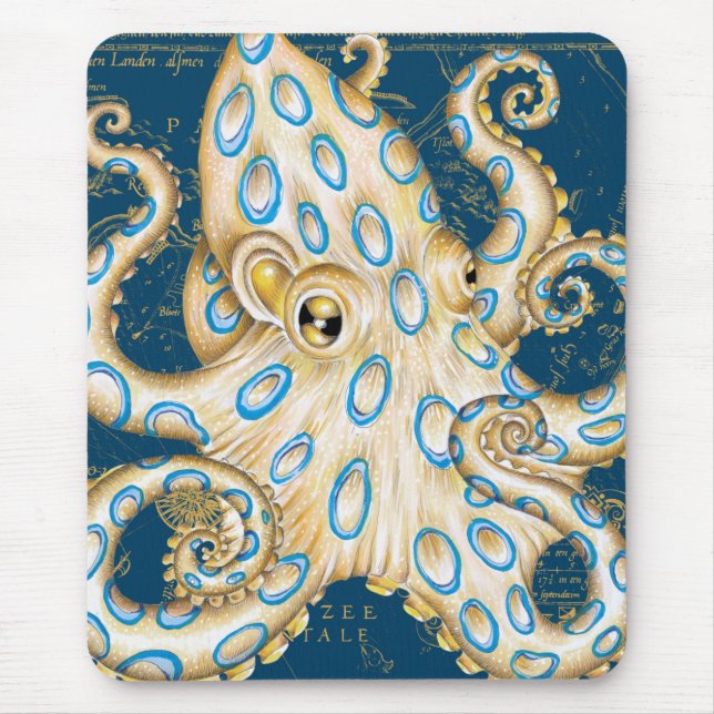Mousepad Mapa náutico do Octopus Indigo do Anel Azul (Frente)