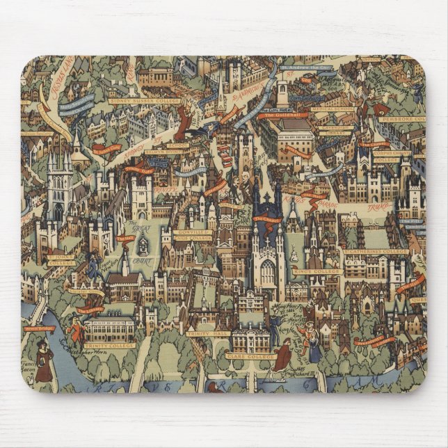 Mousepad Mapa Picorial de Cambridge, Inglaterra (Frente)