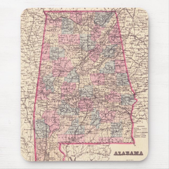 Mousepad Mapa Vintage dos condados do Alabama (1876) (Frente)