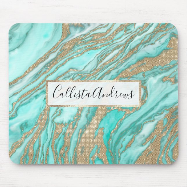 Mousepad Marble do Enfumaçado Teal Dourado Sequin Glitter (Frente)