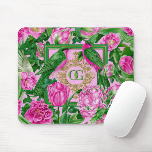 Mousepad Marcante Monograma Rosa e Verde Botânico