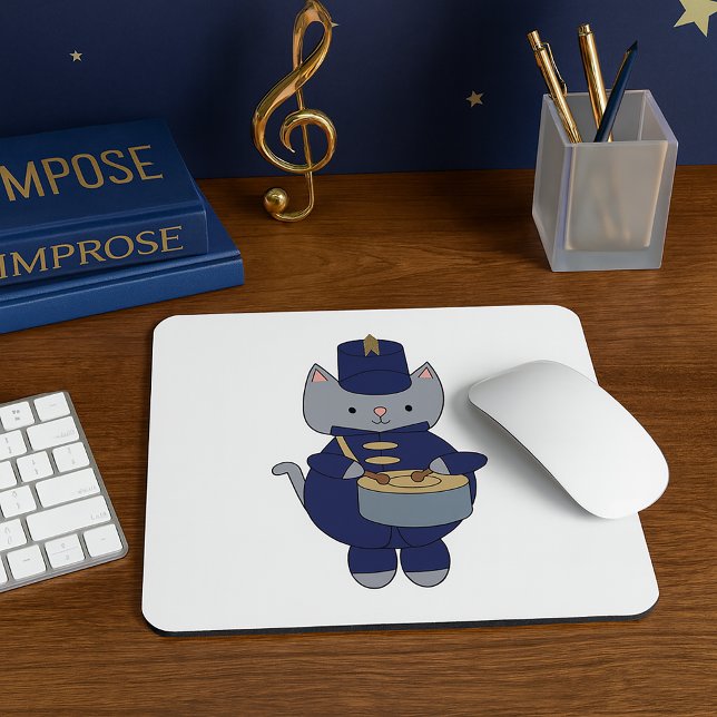 Mousepad Marching Band Drummer Gray Cat Navy Blue Gold (A mouse pad with a snare playing cat in a navy blue & gold marching band uniform.)