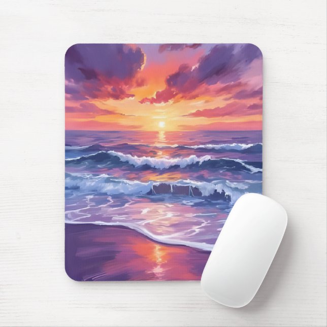 Mousepad Maré Violeta | Ondas do Oceano no Pôr do Sol Roxo (Com mouse)