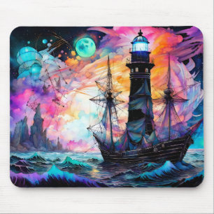Mousepad Mares tempestuosos, farol de barco Abstrato da Lua