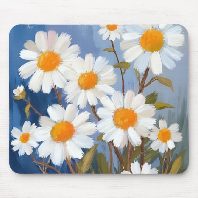 Mousepad Margaridas Brancas Flores Aquarela Pintadas (Frente)