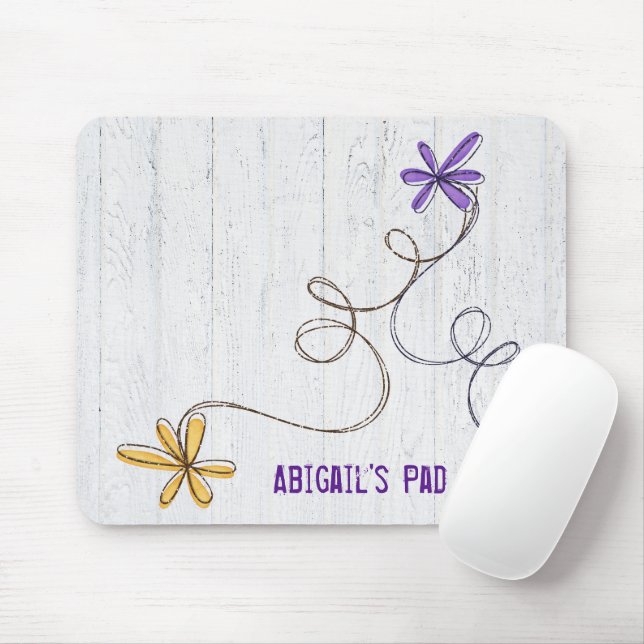 Mousepad Margaridas Rabiscadas com Purpurina em Madeira (Com mouse)