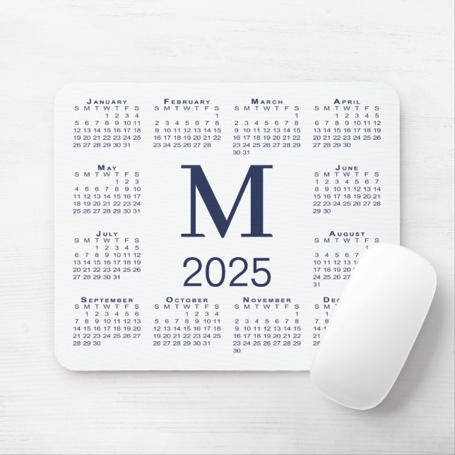 Mousepad Marinho Azul Monograma 2025 Calendário em Branco (Com mouse)