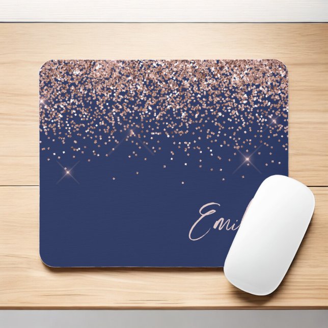 Mousepad Marinho Azul-Rosa Dourado - Monograma brilhante co (Criador carregado)