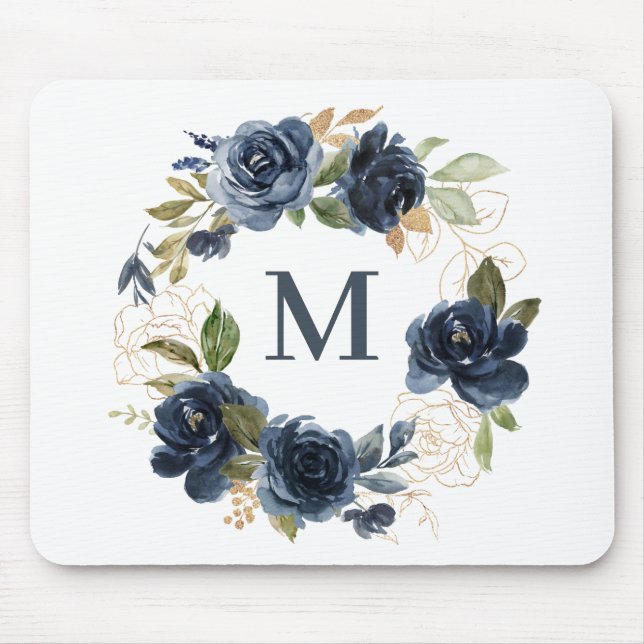 Mousepad Marinho Azul Rosas De Aquarela Floral Monograma (Frente)