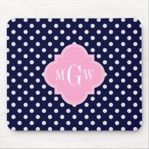 Mousepad Marinho Bolinhas Branco Quatrefoil Rosa 3 Monogram