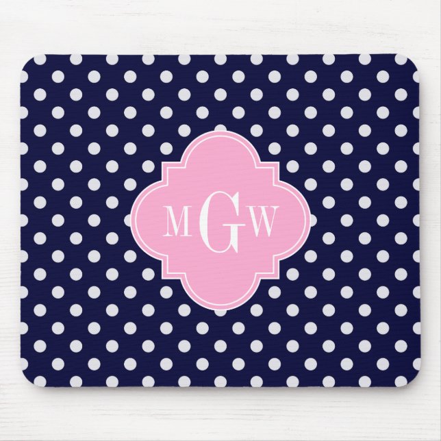 Mousepad Marinho Bolinhas Branco Quatrefoil Rosa 3 Monogram (Frente)
