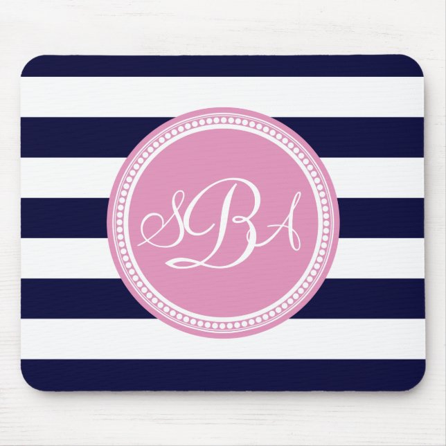 Mousepad Marinho Cor-de-rosa, monograma, Blue Stripe Person (Frente)