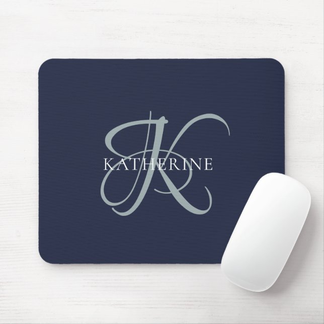 Mousepad Marinho de Script Monograma Elegante Moderno Azul (Com mouse)