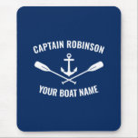 Mousepad Marinho do Capitão e do Nome do Barco de Âncora Ná<br><div class="desc">Âncora náutica e remos - remos com seu capitão personalizado e seu nome de barco em um assento.</div>
