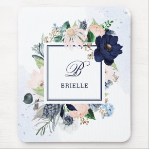 Mousepad Marinho e Blush Floral Nome e Monograma