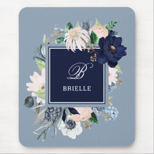 Mousepad Marinho e Blush Floral Nome e Monograma