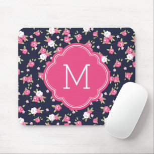 Mousepad Marinho e monograma chique cor-de-rosa do