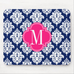 Mousepad Marinho elegante do damasco & Monogrammed feito