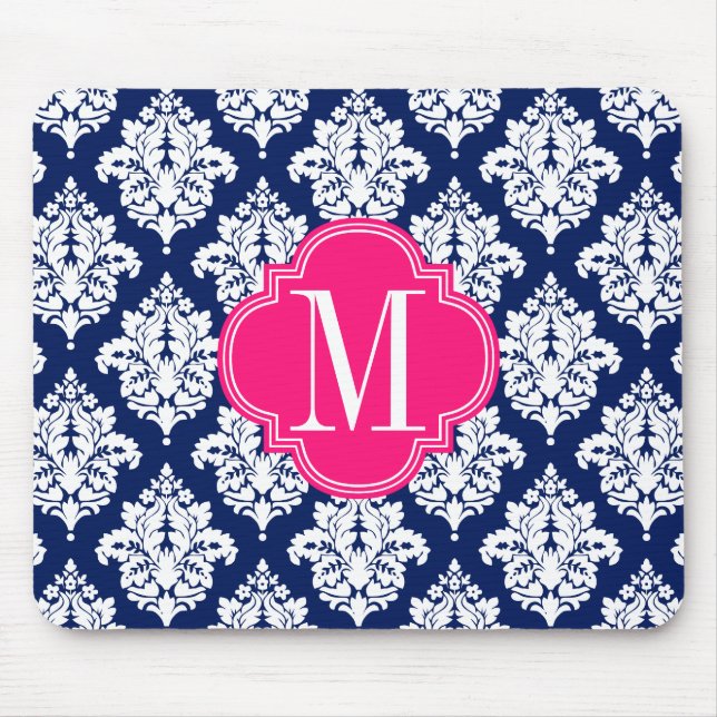Mousepad Marinho elegante do damasco & Monogrammed feito (Frente)