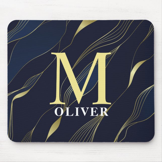 Mousepad Marinho Elegante e Monograma de Homens Dourados (Frente)