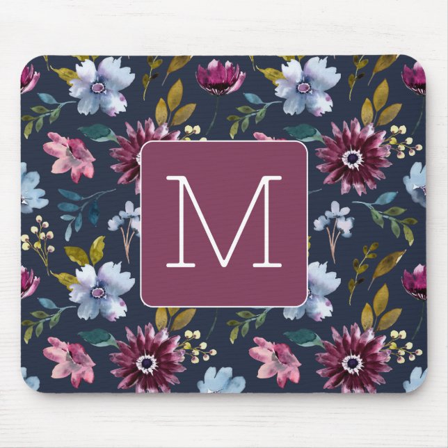 Mousepad Marinho Elegante inicial e burgundy Floral feminin (Frente)