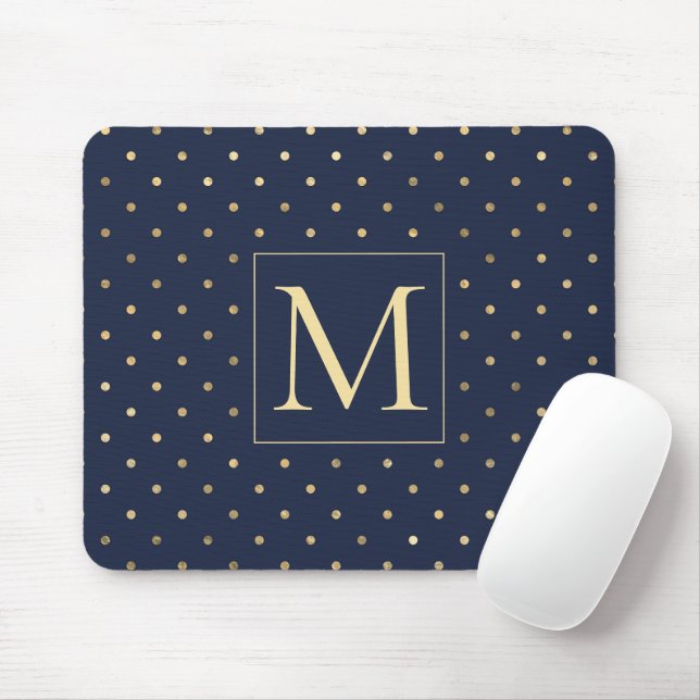 Mousepad Marinho Elegante Monograma Bolinhas Dourado Azul (Com mouse)