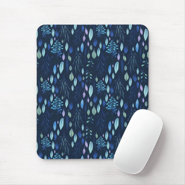 Mousepad Marinho Escuro Azul Botânico Deixa Aquarela Jardim (Com mouse)
